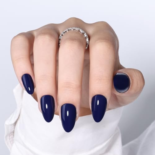 Navy Blue Press On Nails, Short Almond, Glossy Dark Blue Glue On Nails - color: D8-Navy Blue