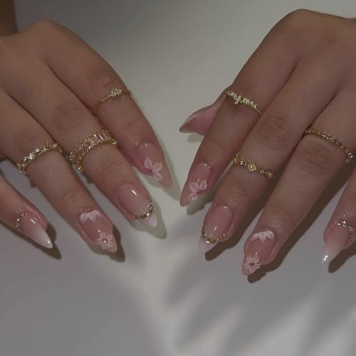 Flower Press on Nails Medium Almond Fake Nails Gradient Nails Press Ons - color: Pink Flower 6