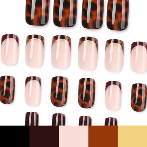 Tortoise Shell Press on Nails Brown Fake Nails French Tip False Nails - color: Style34