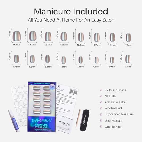 SHANGMENG Halloween Press on Nails, Square Short Chrome Cat Eye Fake Nails - color: Moonlight