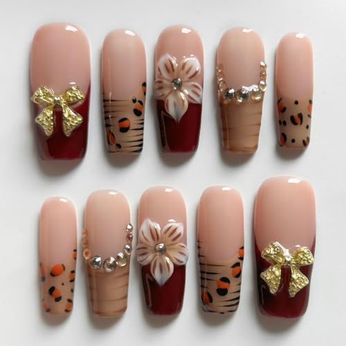 Handmade Press On Nails, 10 Pcs Long square Reusable Stick Ons for Women, French 6D Acrylic Fake Nails(L) - color: Golden Bow, size: L