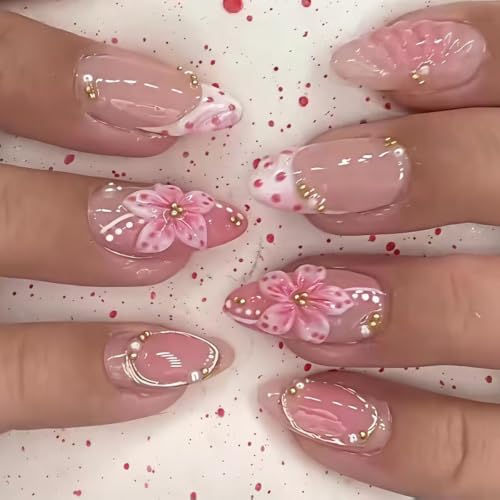 Press on Nails Almond - Gilded Lines, Embossed Flower, Polka Dots - color: Style-33