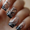 Medium Press on Nails Square Black Lines Rhinestones Fake Nails 24Pcs - color: Black