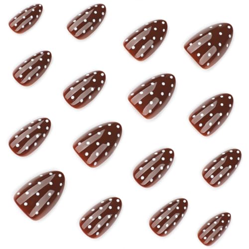 Polka Dot Press on Nails Short Almond Brown Fake Nails 24Pcs - color: Color-3