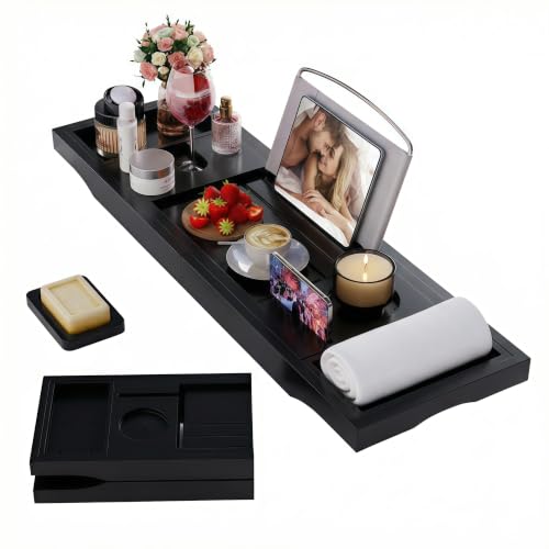 Foldable Bathtub Tray Caddy with Soap Dish Adjustable 29.5-43''Black - color: Black