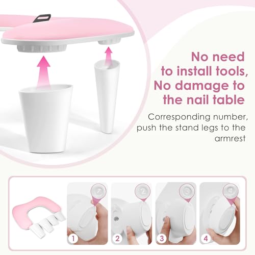 LIONVISON Arm Rest for Nails Tech: U Shaped Ergonomic Nail Hand Rest Stand PU Leather with Rotating Phone Holder for Nail Salon Manicurist (Pink) - color: Pink with Phone Holder
