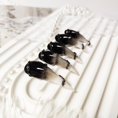 10Pcs Handmade Claw Press on Nails,Long Cats Claw 3D Chain Fake Nails with Black White Gradient Designs Gothic Thick Acrylic Nails Press Ons Glossy Stick on Nails for Women Girls (Size L) - color: Style 01, size: Long