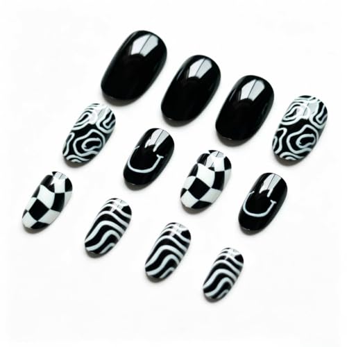 Black & White Press on Nails Short Oval Abstract Fake Nails 24Pcs - color: Color-5