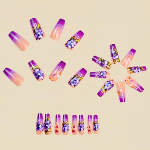 24pcs Long Coffin Press on Nail Flower Fake Nails with Purple Pink Gradient designs Stick on Nail Full Cover Ballet Rhinestones Press ones Reusable Glue on Nails for Women Summer - color: s39