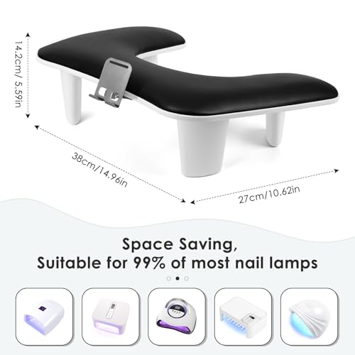 LIONVISON Arm Rest for Nails Tech: U Shaped Ergonomic Nail Hand Rest Stand PU Leather with Rotating Phone Holder for Nail Salon Manicurist (Black) - color: Black with Phone Holder