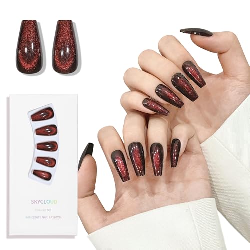 Cat Eyes Press On Nails,12 Sizes - 24 Pcs Soft Gel Dark Red Brown Medium Coffin Fake Nails Kit with Nail Glue, Natural Reusable Stick On False Nails for Women and Girls (Skycloud Nails) SK0825 - color: SK0825-Dark Red Brown
