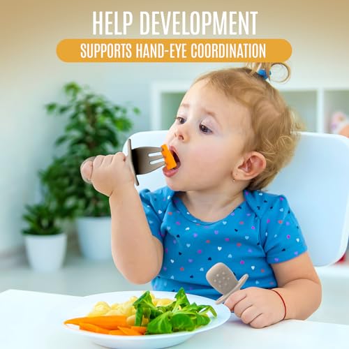 HippoBaby 4pc Silicone Baby Spoons Self Feeding Baby Utensils 6-12 Months - 3 Baby Spoon - 1 Baby Fork - Toddler Cutlery Set - BPA Free, Dishwasher Safe - Baby Eating Essentials (Gray/Beige) - color: Cloud/Khaki