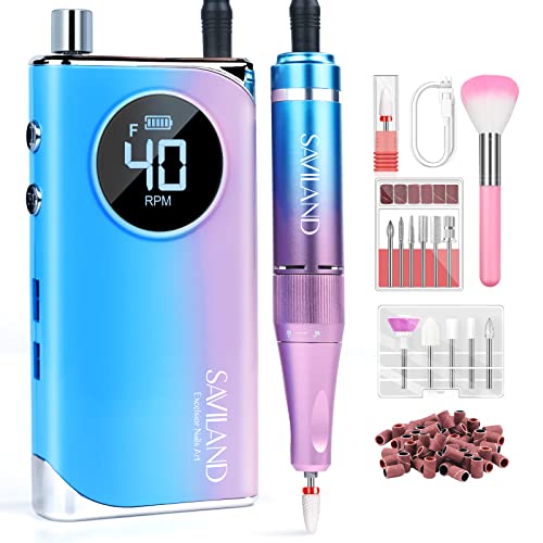 SAVILAND Nail Drill: 40000RPM Professional Nail Drill Kit for Thick Nails, Rechargeable Nail File with with Ceramic Nail Drill Bits 56 Sanding Bands for Acrylic Nails Gel Polishing Removing Tech Salon - color: Gradation Blue