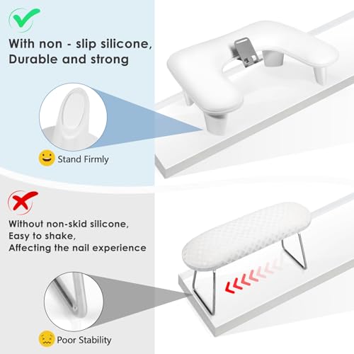 LIONVISON Arm Rest for Nails Tech: U Shaped Ergonomic Nail Hand Rest Stand PU Leather with Rotating Phone Holder for Nail Salon Manicurist (White) - color: White with Phone Holder