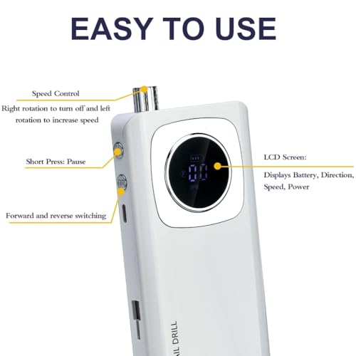 Electric Nail Drill, 45000rpm Portable Electric Nail File, Rechargeable Nail Drill with Bits & Base for Acrylic Gel Nails, Electric File Machine, Manicure Polishing for Home/Salon (White) - color: White