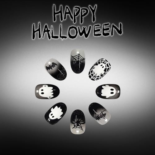 Halloween Press On Nails, Almond Ghost Bat Spiderweb Design, Black Gray - color: style 22