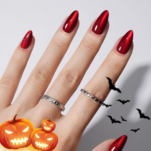 Modelones Red Cat Eye Press on Nails Almond, Halloween Short Fake Nails