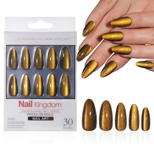 Gold Cat Eye Press on Nails Medium Almond Glitter Yellow Fake Nails 30 Pcs - color: Style-15