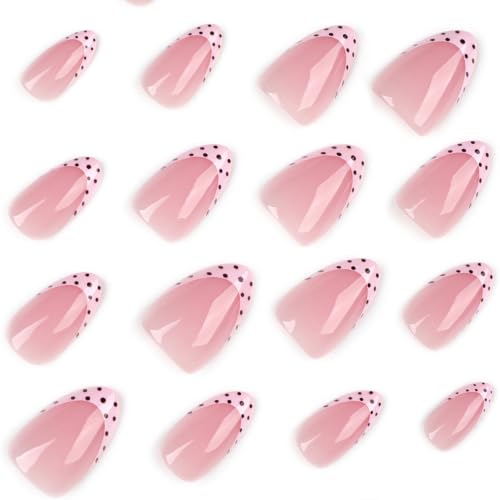 Polka Dots Press on Nails Short Almond Fake Nails Pink French Tip Acrylic - color: BD-Pink-13
