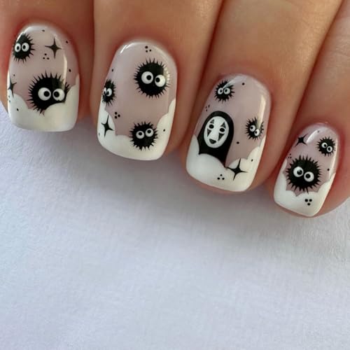 Halloween Short Square Press on Nails Cute Black Coal Ball Design False Nails French Fake Nails Glossy Little Ghost Full Cover Acrylic Nails for Women Halloween Manicure Decorations - color: Halloween Style 021