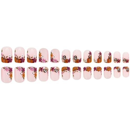 Fall Press on Nails Short Square Fake Nails with Pumpkin Floral Polka Dot Designs Autumn Nails Press ons Purple Brown Nude Glue on Nails Glossy False Nails Cute Stick on Nails for Women 24Pcs - color: 15