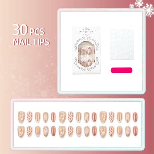 30Pcs Winter Christmas Press on Nails Short Almond Snowflake Fake Nails - color: Winter Christmas Nails-24