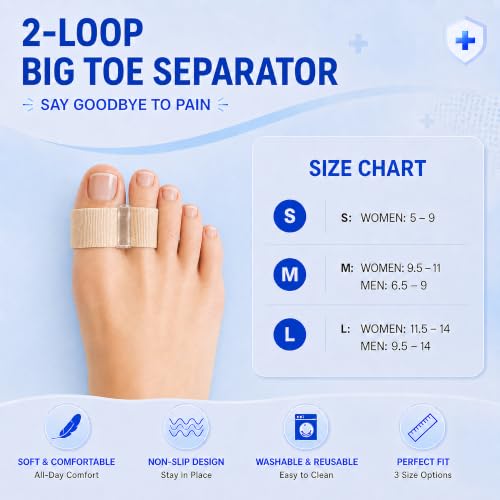 Big Toe Separators, 2-Loop Soft Gel Toe Spacers,Washable,3 Size - color: Beige, size: S:WOMEN 5-9