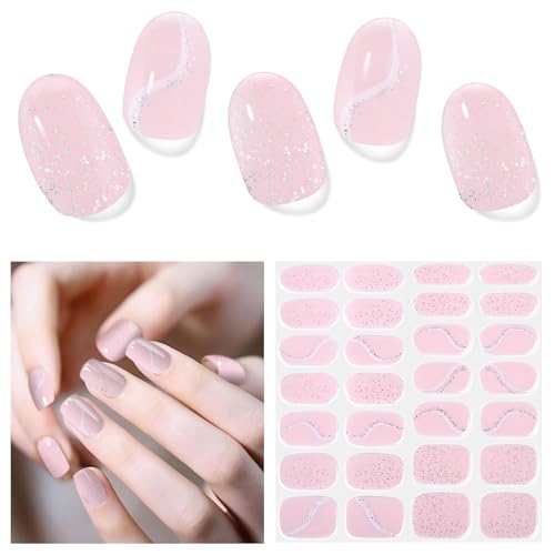 Semi Cured Gel Nail Strips, 28 pcs Gel Nail Stickers Work with Any UV Lights, Long-Lasting Nail Art Wraps, Stick on Nails for women Easy to Apply & Remove - color: NEW-D32