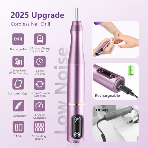 TUOBEO Cordless Nail Drill Electric Nail File Kit, Rechargeable Efile Set - color: Purple