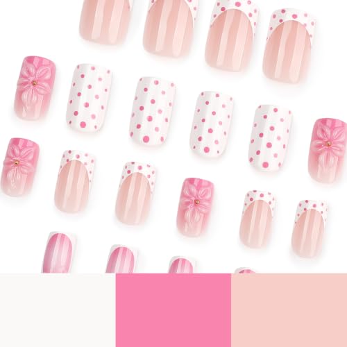 Flower Press on Nails Medium Sqaure with Spot Fench Tip Design - color: Pink White
