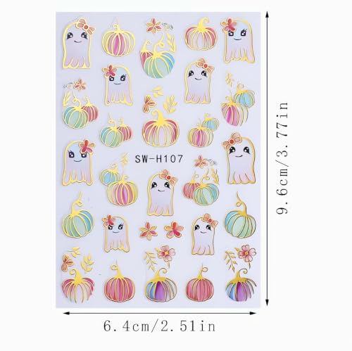 Halloween Pumpkin Nail Art Stickers Gilded Pumpkin Ghost Nail Art Decals 3D Self-Adhesive Glitter Pumpkins Nail Stickers Colorful Ghost Flower Nail Design for Women Thanksgiving Nail Supplies 3 Sheets - color: W12