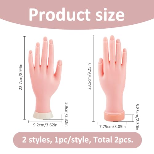 SUPERFINDINGS 2Pcs 2 Styles Silicone Practice Hand for Nails Soft Touch Mannequin Hand for Nails Practice Hands Tool and Rings Bracelets Necklaces Holder Full Poseable Hands for Practicing Nail Art