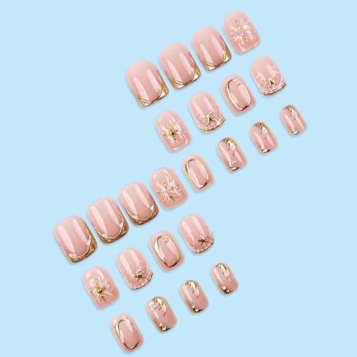 French Tip Press on Nails Short Square Fake Nails with Bead Chrome 3D Stripe Designs Shell Nails Press ons Gold Nude Glue on Nails Glossy Acrylic Nails Artificial Stick on Nails for Women 24Pcs - color: 18