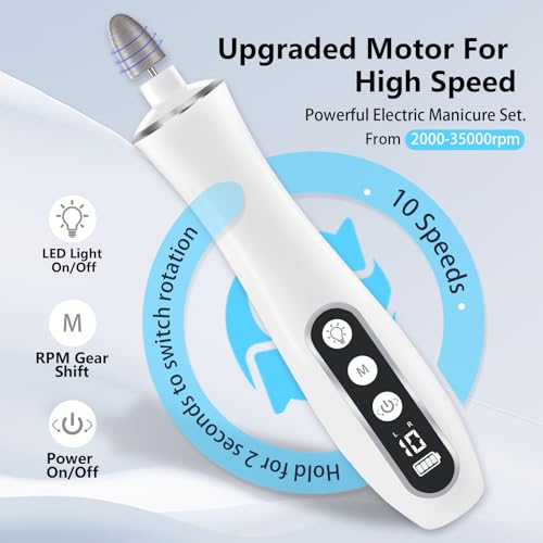 Electric Nail File Drill Cordless 2000 mAh Rechargeable 10-Speed Nail Filer - color: White