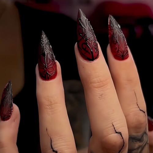 Halloween Press on Nails Medium Stiletto Almond Nails Press ons Black Red Fake Nails Full Cover Glossy Stick on Nail 3D Terror Stripe with Designs Glue on False Nail for Women 24Pcs - color: Black Red-5