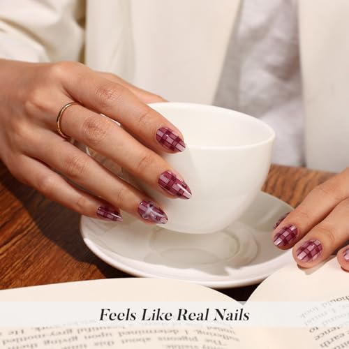 SHANGMENG Press on Nails, Almond Short Red Plaid with 3D Bow Fake Nails - color: Library Glow