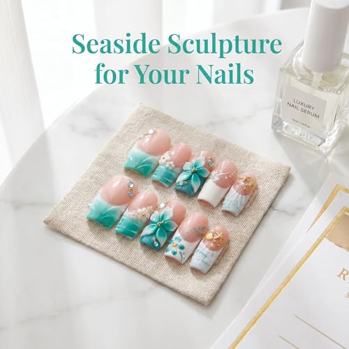 Square Medium Handmade Press on Nails - Light Blue French Tip False Nails with 3D Flower Designs Fake Nails Luxury Reusable Acrylic Stick on Nails for Women 10Pcs (Size M) - color: style1