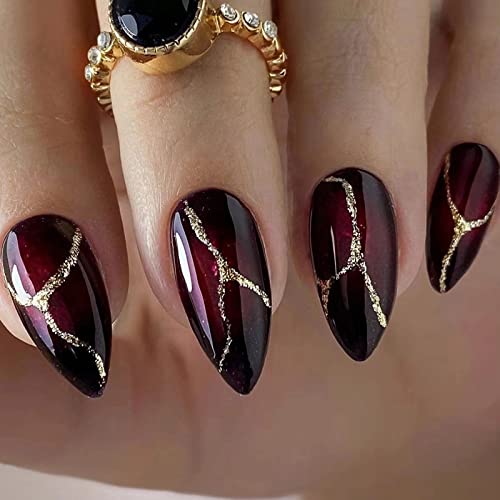 MISUD Press on Nails - Medium Stiletto Glue on Nails with Goth Red Black, Acrylic Gothic Vampire Design 24 pcs - color: 11203Red&Black
