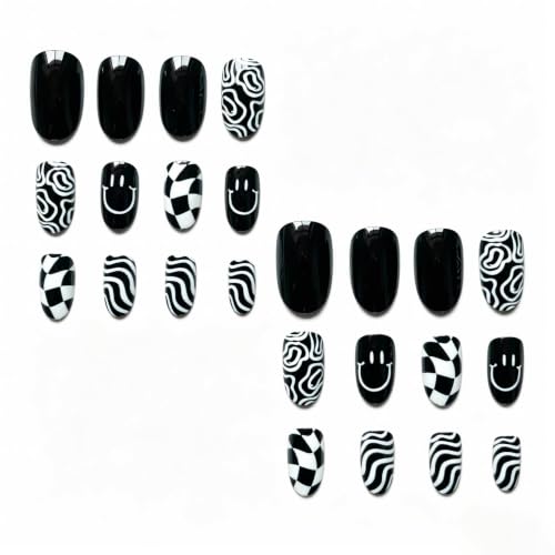 Black & White Press on Nails Short Oval Abstract Fake Nails 24Pcs - color: Color-5