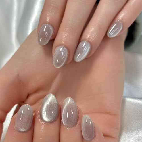 KQueenest Cat Eye Press on Nails Short Oval, 30 Pcs Light Gray Fake Nails Extra Short Almond, Glitter Magnetic Glue on Nails, Reusable Shiny Chrome Stick on Nails for Women Salon Manicure - color: Shimmer Light Grey