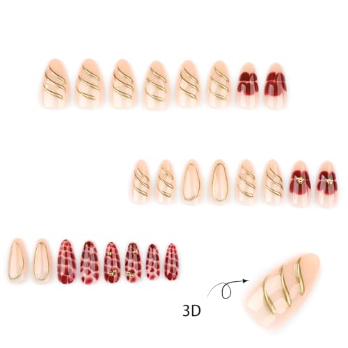 Almond Press on Nails - Medium Fake Nails with Flower Gold Line Design - Ombre False Nails Press ons - for Women Manicure 24 Pcs - color: Brown Gold