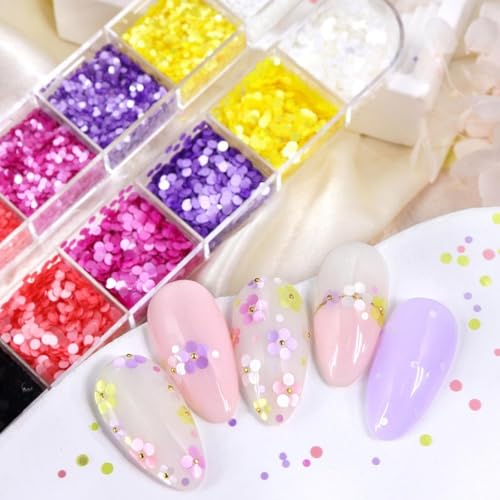 1 Box 6 Color Holographic Round Nail Glitter Laser Circle Nail Sequins 3D Pink Nail Flakes Sparkly Glitter Flakes Shiny Nail Art Glitter Valentine's Day Nail Sequins Glitter for Nails Art 12 Grids - color: YHN15