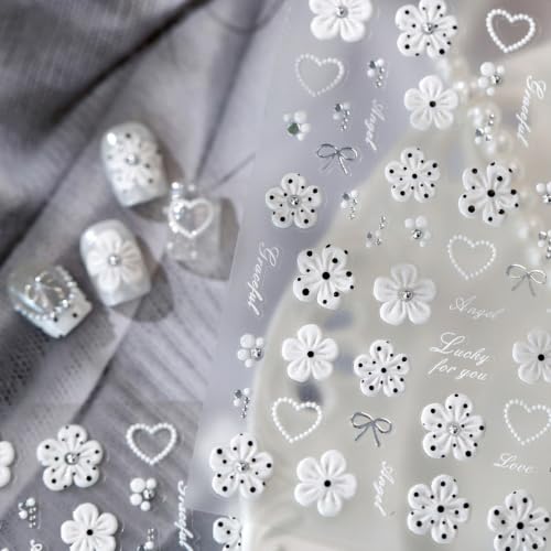 White Flower Nail Stickers 5D Embossed Nail Stickers Decals - color: Color37