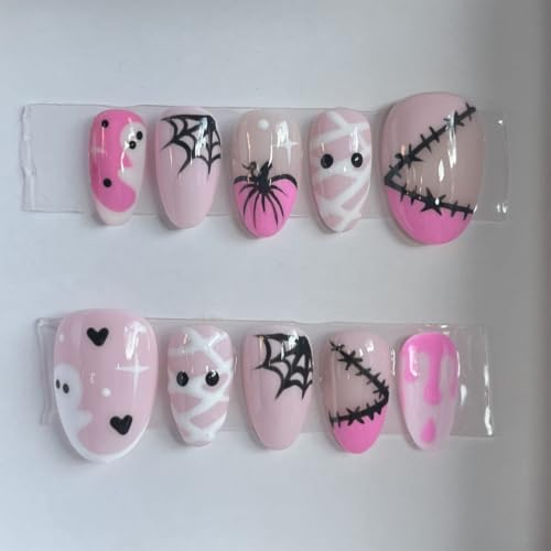 Halloween Press on Nails Ghost Spider Web Short Almond Fake Nails - color: Halloween Press on Nails 07
