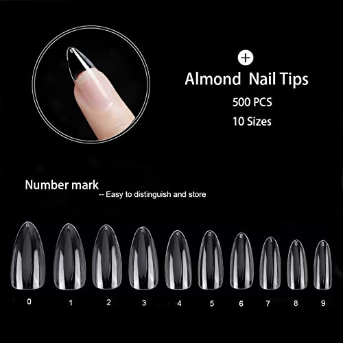 500Pcs Medium Almond Fake Nail Tips Full Cover Clear Acrylic Nails Press on Nails for DIY Nail Art, 10 Sizes - color: A-almond-clear