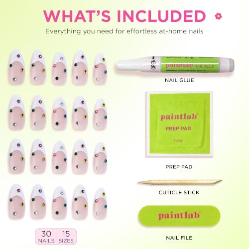 PaintLab Bejeweled 3D Gem French Tip Press On Nails, Medium Almond, 30pc - color: Bejeweled