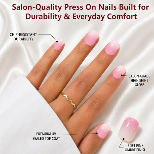 Pink Press On Nails, Short Square Fake Nails, 24 Pcs - color: Peach-Gradient