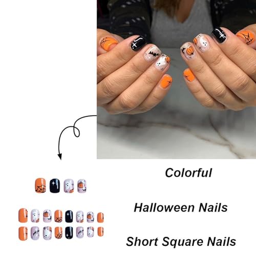 Halloween Press on Nails Short Fake Nails Square False Nails Little Ghost Spider Web Design Cute Pumpkin Fake Nails Full Cover Stick on Nails Halloween Festival Artificial Nails for Women 24 Pcs - color: Halloween Style 022