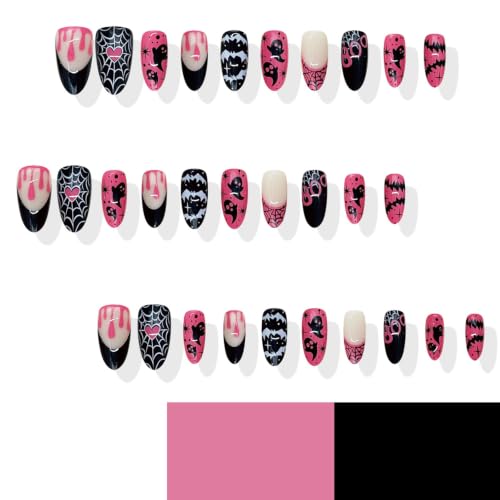 Halloween Press on Nails 30Pcs Pink Black Ghost Bat Spider Web - color: Pink Black Halloween