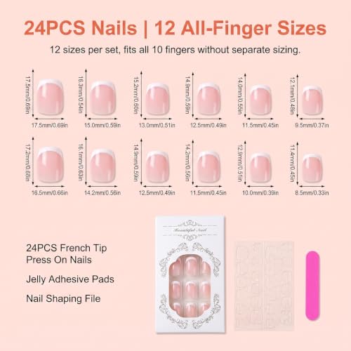 Press on Nails Short French Square Acrylic Press On Fake Nails 24 Pcs